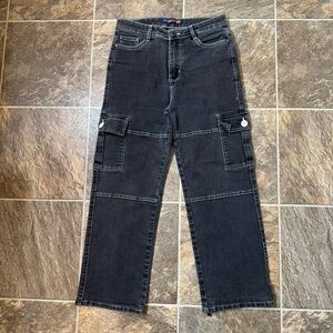 DC Mumbai Women's Cargo Pants Mid Rise Baggy Wide Leg Acid Wash Black Gray Sz 32